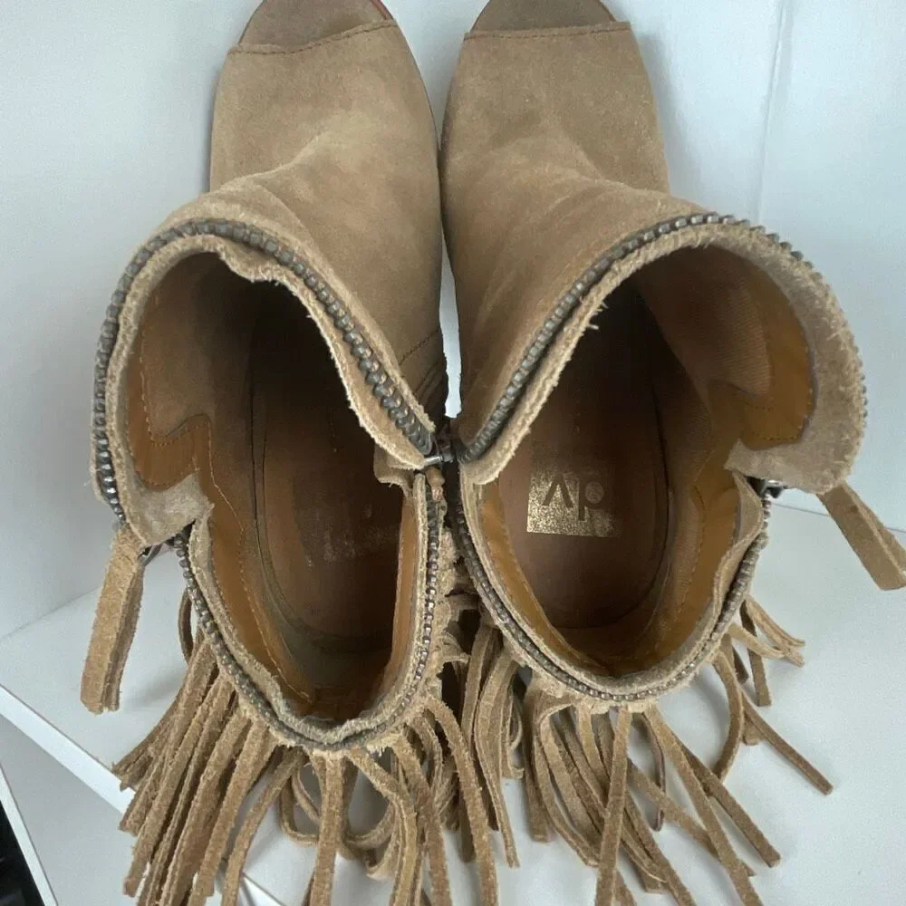 DV by Dolce Vita Suede Fringe Trim Open Toe Booties 7.5